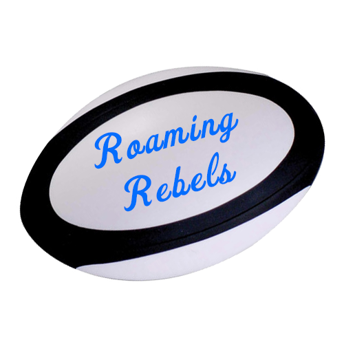 blue script on a black and white rugby ball